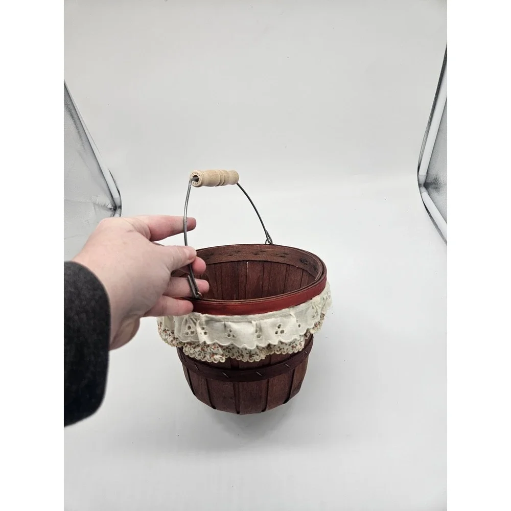 Vintage Mini Woven Wood Apple Basket w/Handle Cottagecore Lace Ruffle Trim